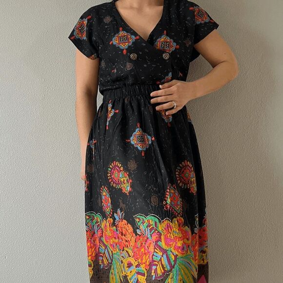 vtg 90s floral print skirt suit set multicolor‎ black vacation outfit boho small - Picture 3 of 9